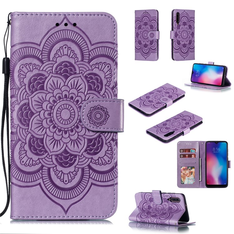 For Xiaomi Mi 9 Imprint Mandala Flower Stand Leather Phone Case Cover - Purple-1