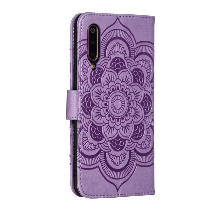 For Xiaomi Mi 9 Imprint Mandala Flower Stand Leather Phone Case Cover - Purple-4