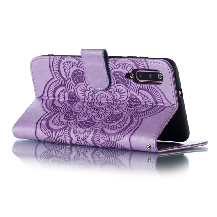 For Xiaomi Mi 9 Imprint Mandala Flower Stand Leather Phone Case Cover - Purple-7