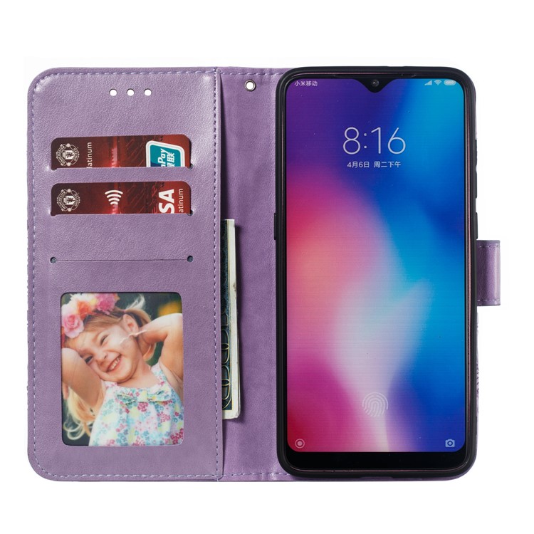 For Xiaomi Mi 9 Imprint Mandala Flower Stand Leather Phone Case Cover - Purple-9