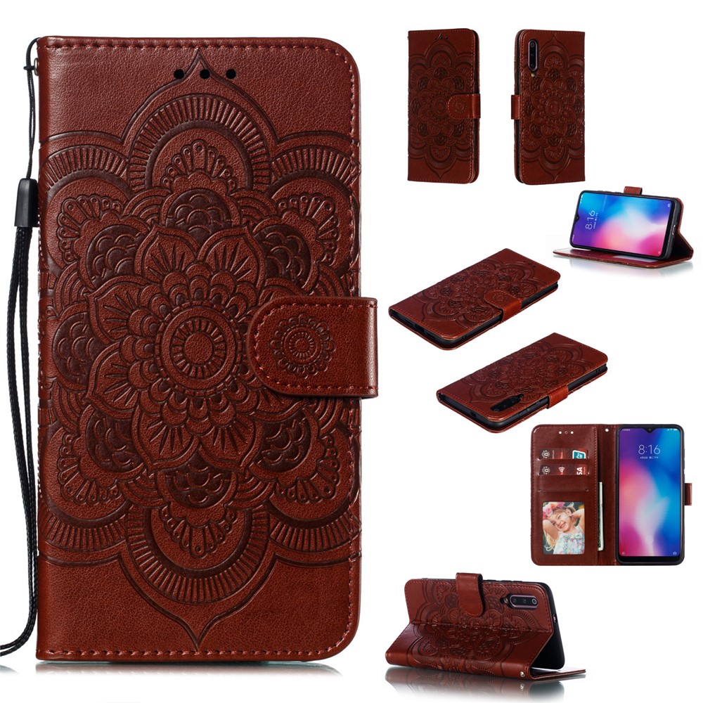 For Xiaomi Mi 9 Imprint Mandala Flower Stand Leather Phone Case Cover - Brown-1