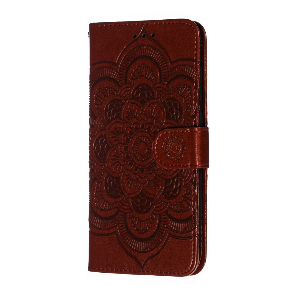 For Xiaomi Mi 9 Imprint Mandala Flower Stand Leather Phone Case Cover - Brown-3