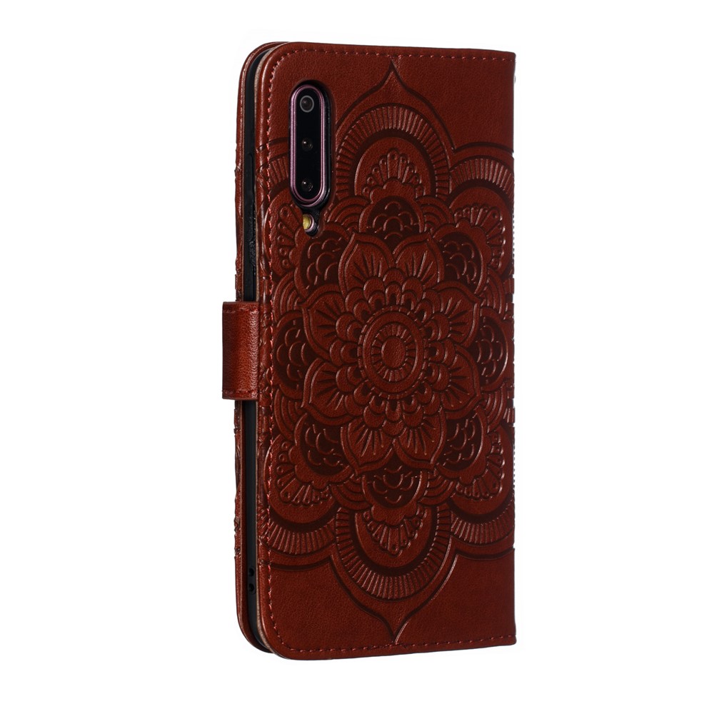 For Xiaomi Mi 9 Imprint Mandala Flower Stand Leather Phone Case Cover - Brown-4