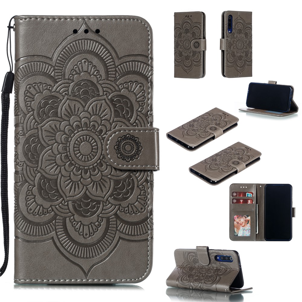 For Xiaomi Mi 9 SE Imprint Mandala Flower Phone Cover Wallet Leather Case - Grey-1