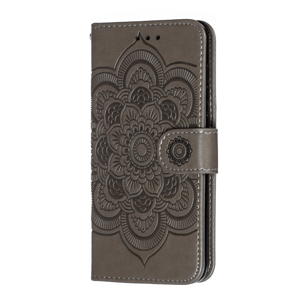 For Xiaomi Mi 9 SE Imprint Mandala Flower Phone Cover Wallet Leather Case - Grey-3