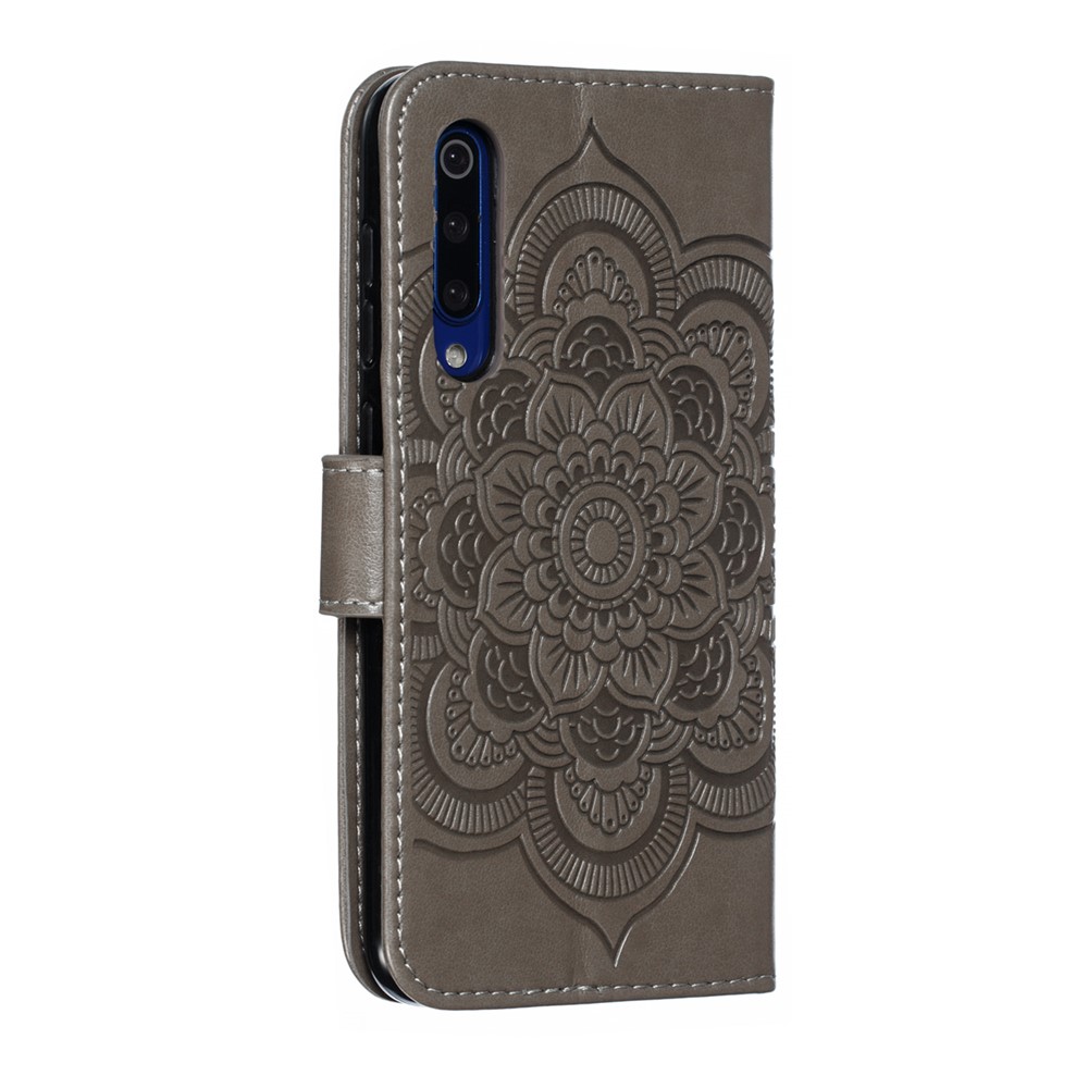 For Xiaomi Mi 9 SE Imprint Mandala Flower Phone Cover Wallet Leather Case - Grey-4