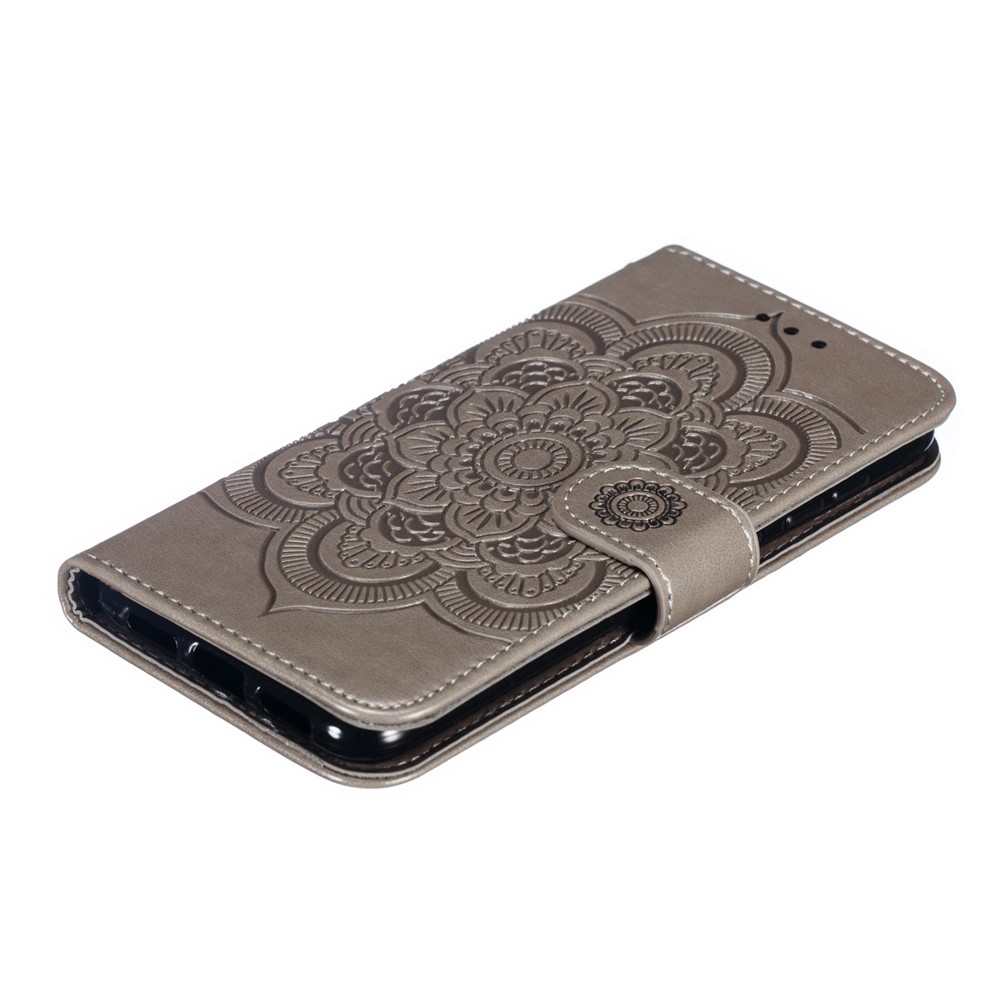 For Xiaomi Mi 9 SE Imprint Mandala Flower Phone Cover Wallet Leather Case - Grey-5