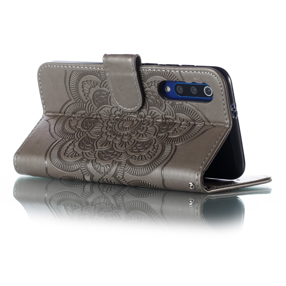 For Xiaomi Mi 9 SE Imprint Mandala Flower Phone Cover Wallet Leather Case - Grey-7