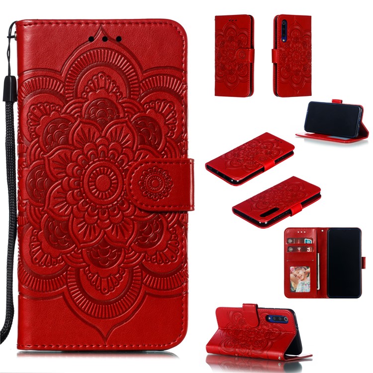 Per Xiaomi Mi 9 SE Impronta Mandala Flower Cover Cover Wardhet Case in Pelle - Rosso