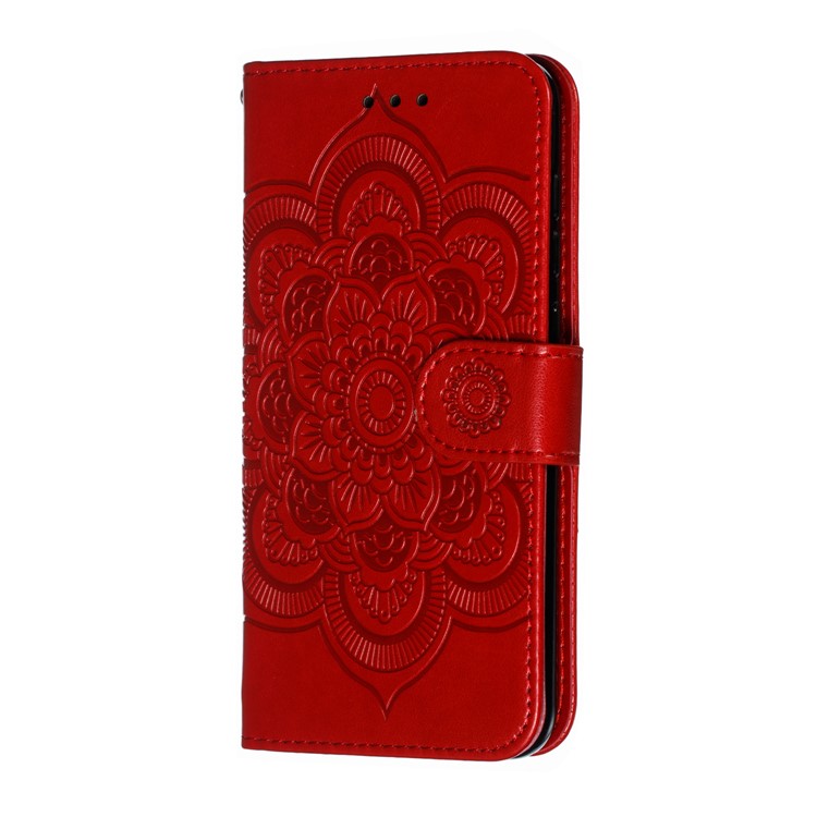 For Xiaomi Mi 9 SE Imprint Mandala Flower Phone Cover Wallet Leather Case - Red-3