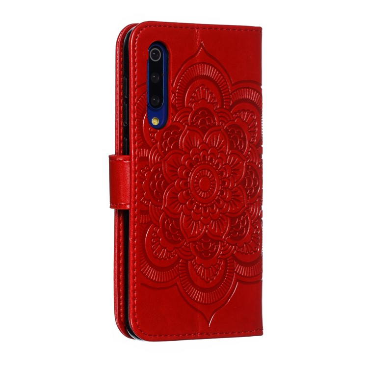 For Xiaomi Mi 9 SE Imprint Mandala Flower Phone Cover Wallet Leather Case - Red-4