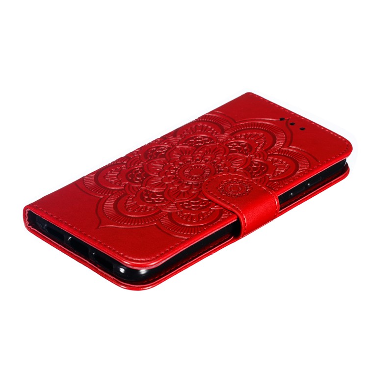 For Xiaomi Mi 9 SE Imprint Mandala Flower Phone Cover Wallet Leather Case - Red-5