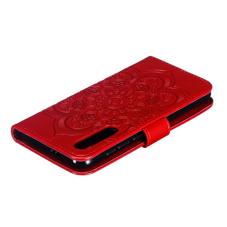 For Xiaomi Mi 9 SE Imprint Mandala Flower Phone Cover Wallet Leather Case - Red-6