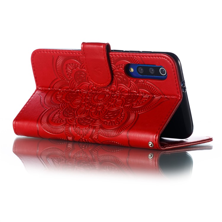 For Xiaomi Mi 9 SE Imprint Mandala Flower Phone Cover Wallet Leather Case - Red-7