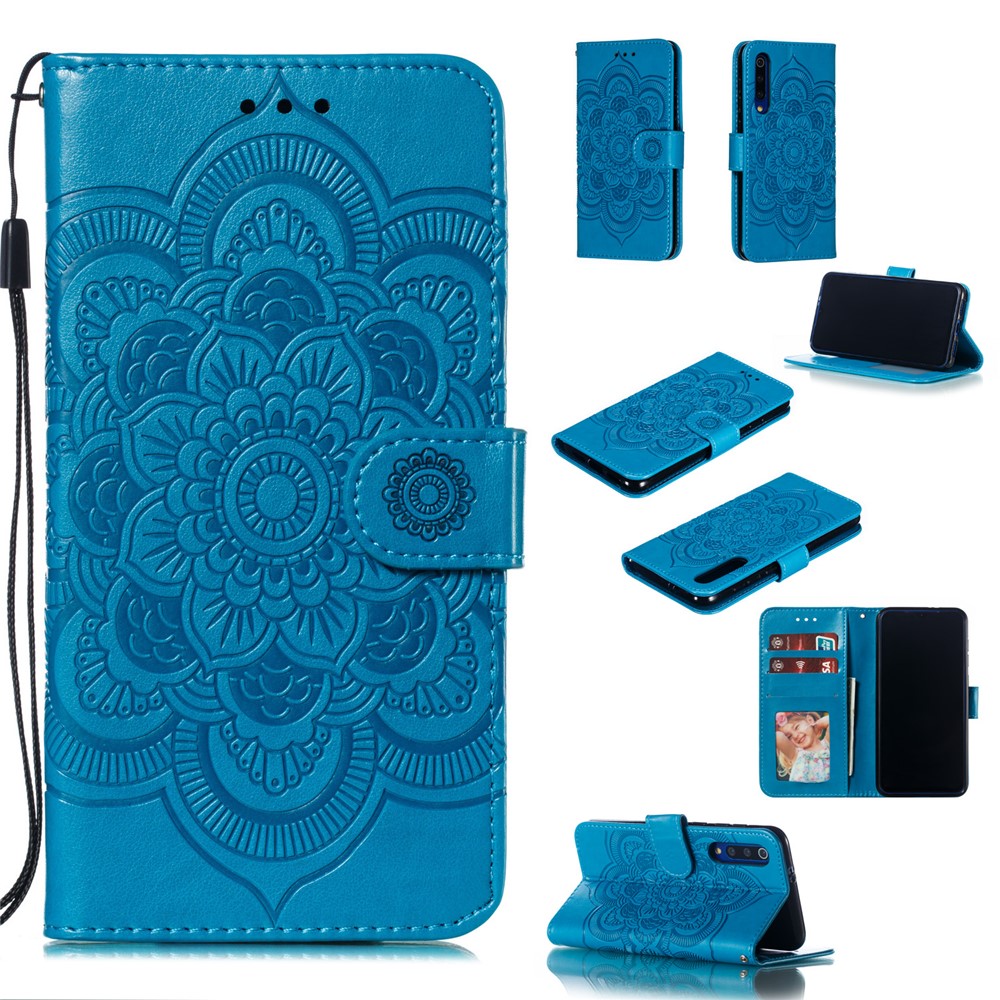 Per Xiaomi Mi 9 SE Impronta Mandala Flower Cover Cover Wardhet Case in Pelle - Blu