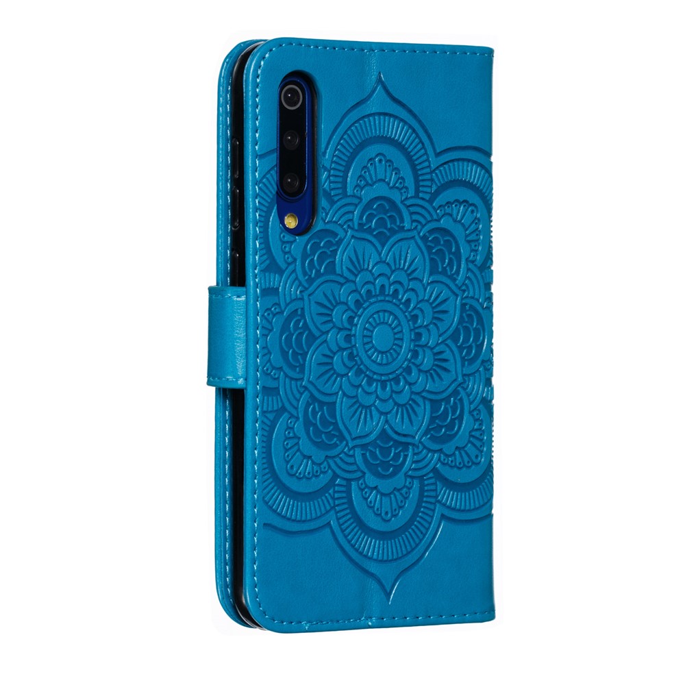 Para Xiaomi Mi 9 se Impressão Manda Manda Flor Capa da Carteira Capa de Couro - Azul