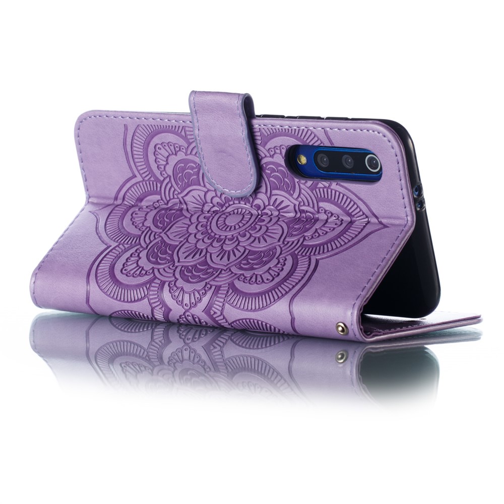 For Xiaomi Mi 9 SE Imprint Mandala Flower Phone Cover Wallet Leather Case - Purple-7