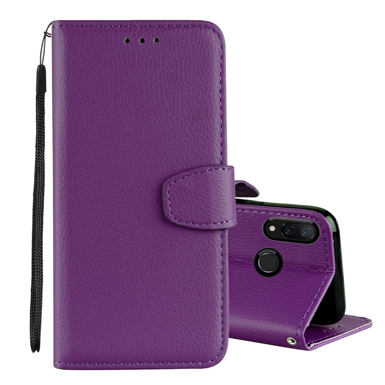 For Xiaomi Redmi Note 7 Litchi Grain PU Leather Stand Wallet Phone Case with Strap - Purple-1