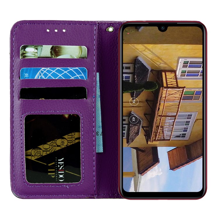 For Xiaomi Redmi Note 7 Litchi Grain PU Leather Stand Wallet Phone Case with Strap - Purple-6