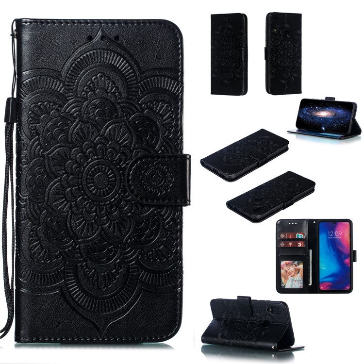 Imprint Mandala Flower Leather Wallet Case for Xiaomi Redmi 7 / Redmi Y3 - Black-1