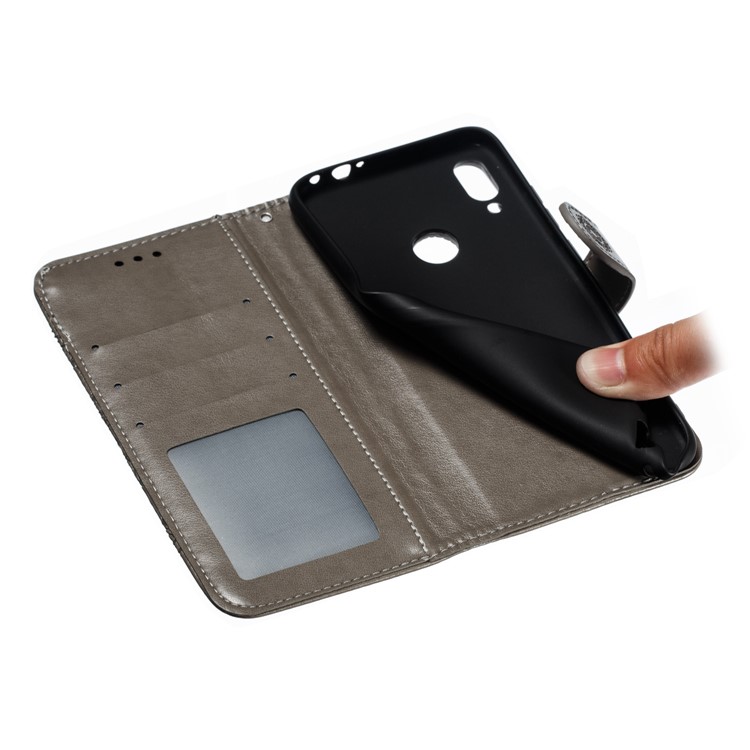 Imprint Mandala Flower Leather Wallet Case for Xiaomi Redmi 7 / Redmi Y3 - Grey-10