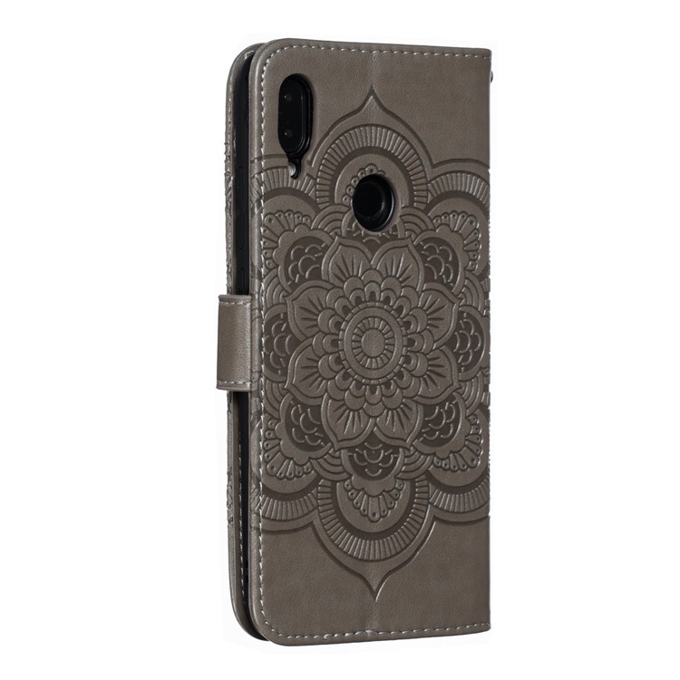 Imprint Mandala Flower Leather Wallet Case for Xiaomi Redmi 7 / Redmi Y3 - Grey-4