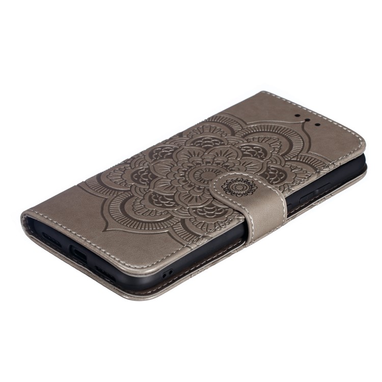 Imprint Mandala Flower Leather Wallet Case for Xiaomi Redmi 7 / Redmi Y3 - Grey-5