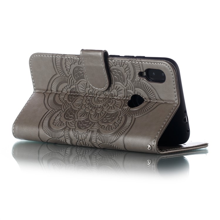 Imprint Mandala Flower Leather Wallet Case for Xiaomi Redmi 7 / Redmi Y3 - Grey-7