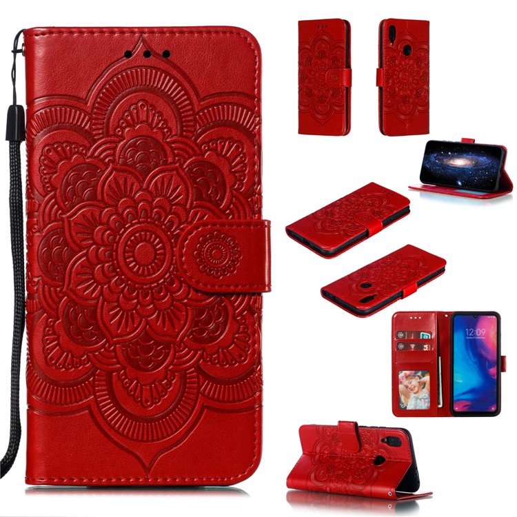 Imprint Mandala Flower Leather Wallet Case for Xiaomi Redmi 7 / Redmi Y3 - Red-1