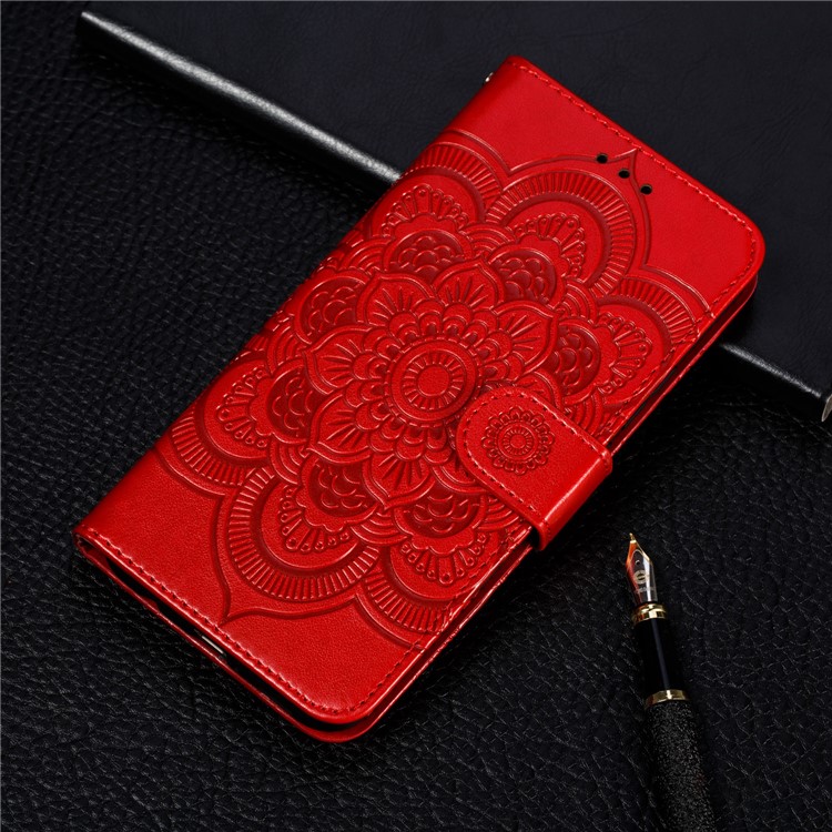 Imprint Mandala Flower Leather Wallet Case for Xiaomi Redmi 7 / Redmi Y3 - Red-11