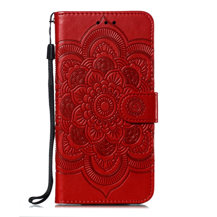 Imprint Mandala Flower Leather Wallet Case for Xiaomi Redmi 7 / Redmi Y3 - Red-2