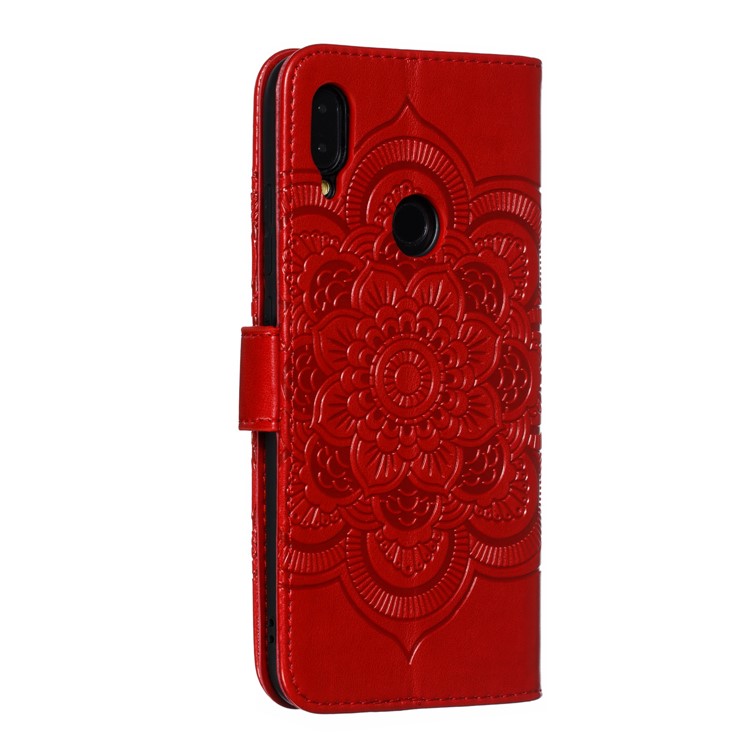 Imprint Mandala Flower Leather Wallet Case for Xiaomi Redmi 7 / Redmi Y3 - Red-4
