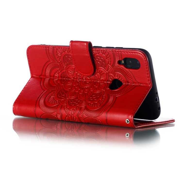 Imprint Mandala Flower Leather Wallet Case for Xiaomi Redmi 7 / Redmi Y3 - Red-7