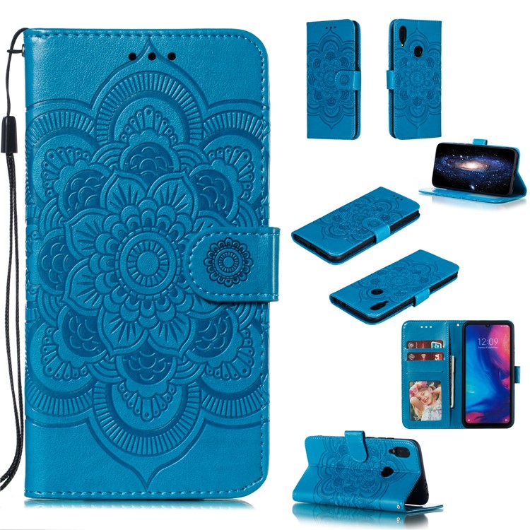 Imprint Mandala Flower Leather Wallet Case for Xiaomi Redmi 7 / Redmi Y3 - Blue-1