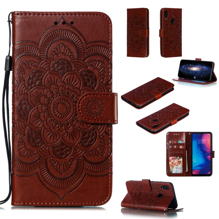Imprint Mandala Flower Leather Wallet Case for Xiaomi Redmi 7 / Redmi Y3 - Brown-1
