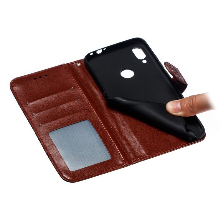Imprint Mandala Flower Leather Wallet Case for Xiaomi Redmi 7 / Redmi Y3 - Brown-10