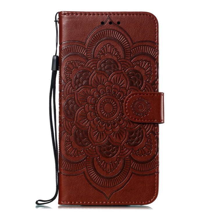Imprint Mandala Flower Leather Wallet Case for Xiaomi Redmi 7 / Redmi Y3 - Brown-2