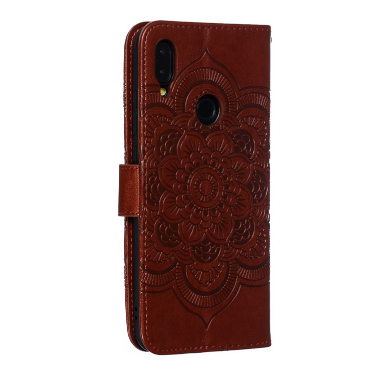Imprint Mandala Flower Leather Wallet Case for Xiaomi Redmi 7 / Redmi Y3 - Brown-4