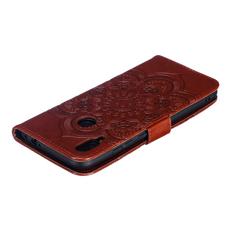 Imprint Mandala Flower Leather Wallet Case for Xiaomi Redmi 7 / Redmi Y3 - Brown-6
