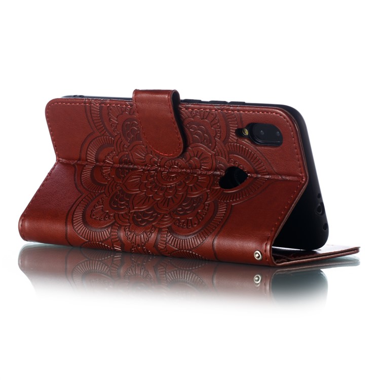 Imprint Mandala Flower Leather Wallet Case for Xiaomi Redmi 7 / Redmi Y3 - Brown-7