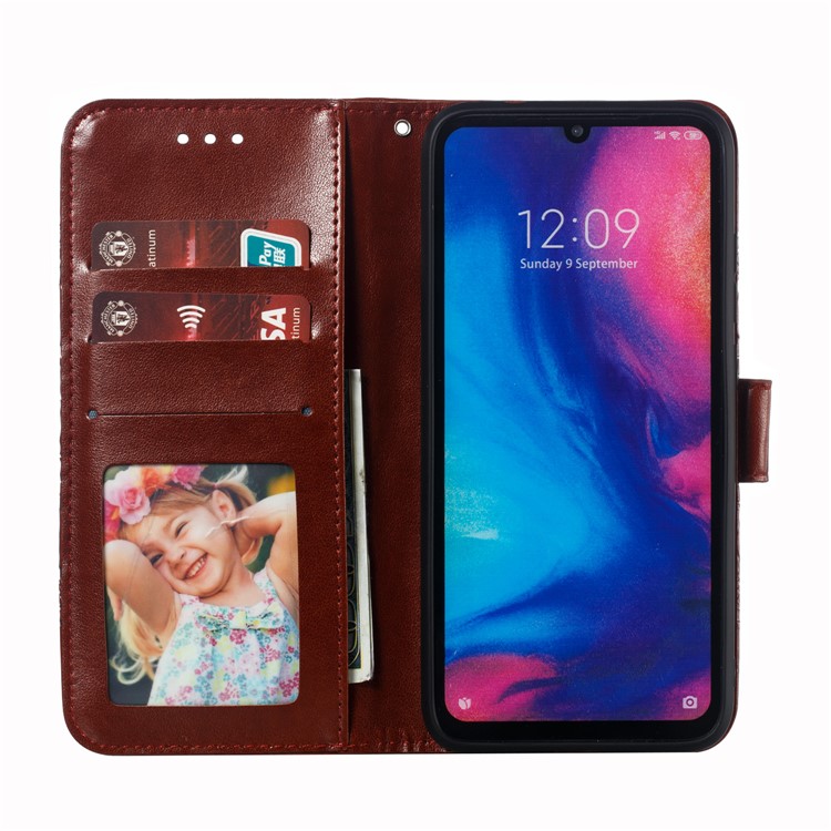 Imprint Mandala Flower Leather Wallet Case for Xiaomi Redmi 7 / Redmi Y3 - Brown-9