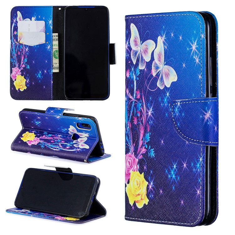For Xiaomi Redmi 7 Pattern Printing Leather Stand Wallet Case - Roses and Butterflies-1