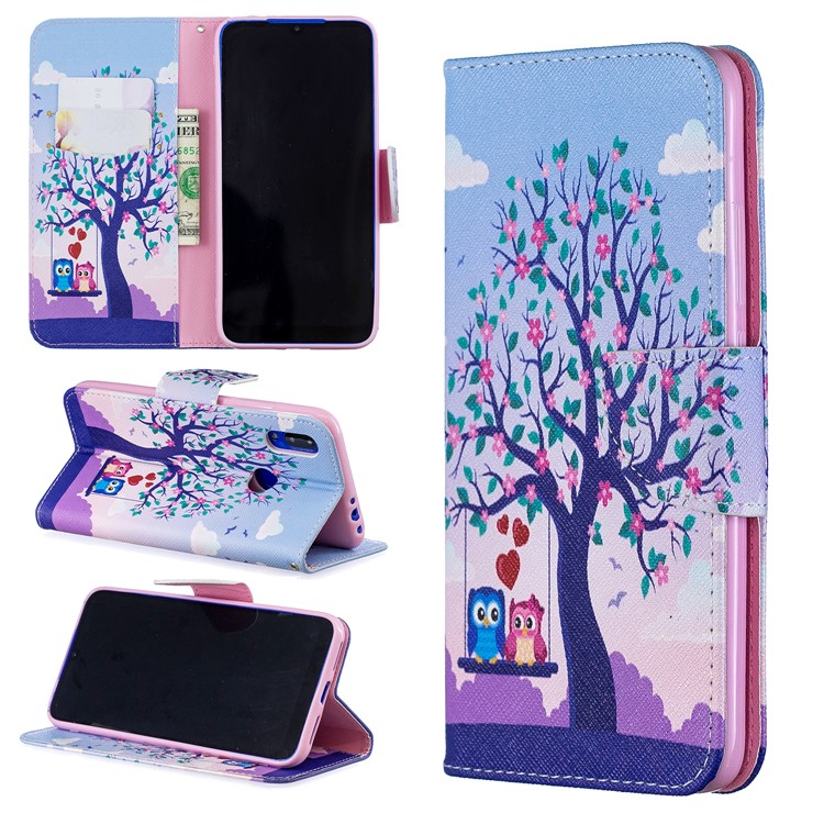 Para Xiaomi Redmi 7 Pattern Printing Leather Stand Billet Fun - Árbol y Búhos