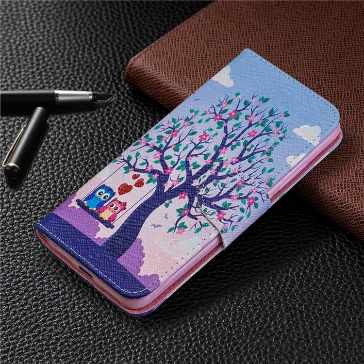 Für Xiaomi Redmi 7 Muster Druckleder -ständer Brieftasche Hülle - Baum Und Eulen