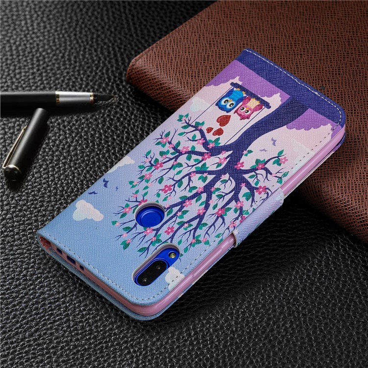 Para Xiaomi Redmi 7 Padring Printing Leather Stand Cartet Case - Árvore e Corujas