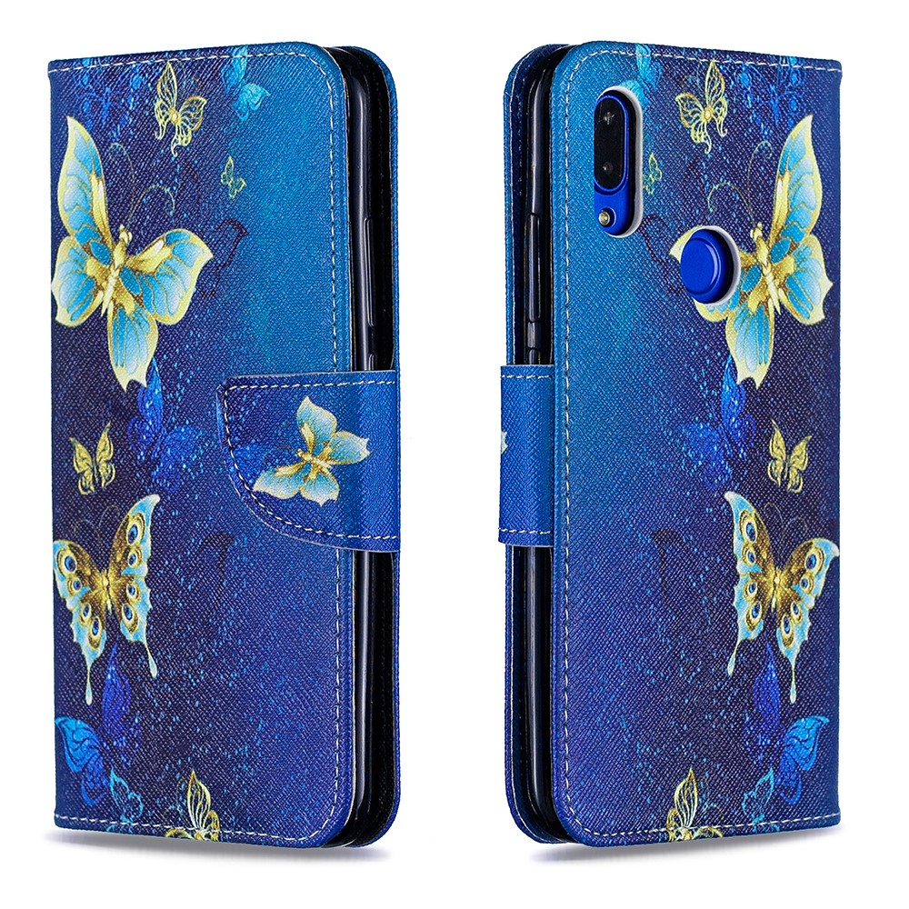 Para Xiaomi Redmi 7 Pattern Printing Leather Stand Billet Fun - Mariposas Azules-4