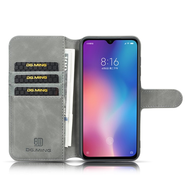 DG.MING Retro Style Leather Wallet Stand Case for Xiaomi Mi 9 - Grey-4