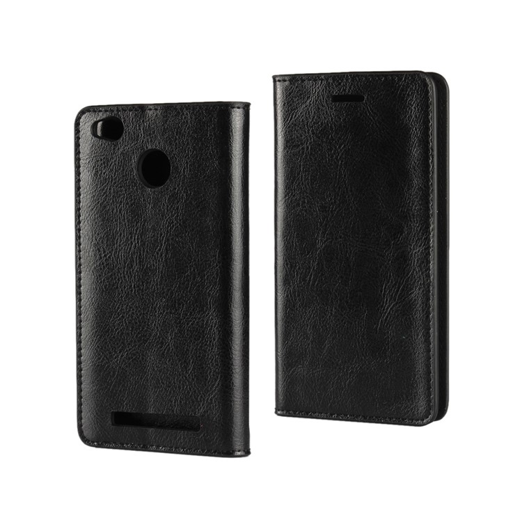 Crazy Horse Full Grain Genuine Leather Wallet Stand Case for Xiaomi Redmi 3 Pro - Black-1