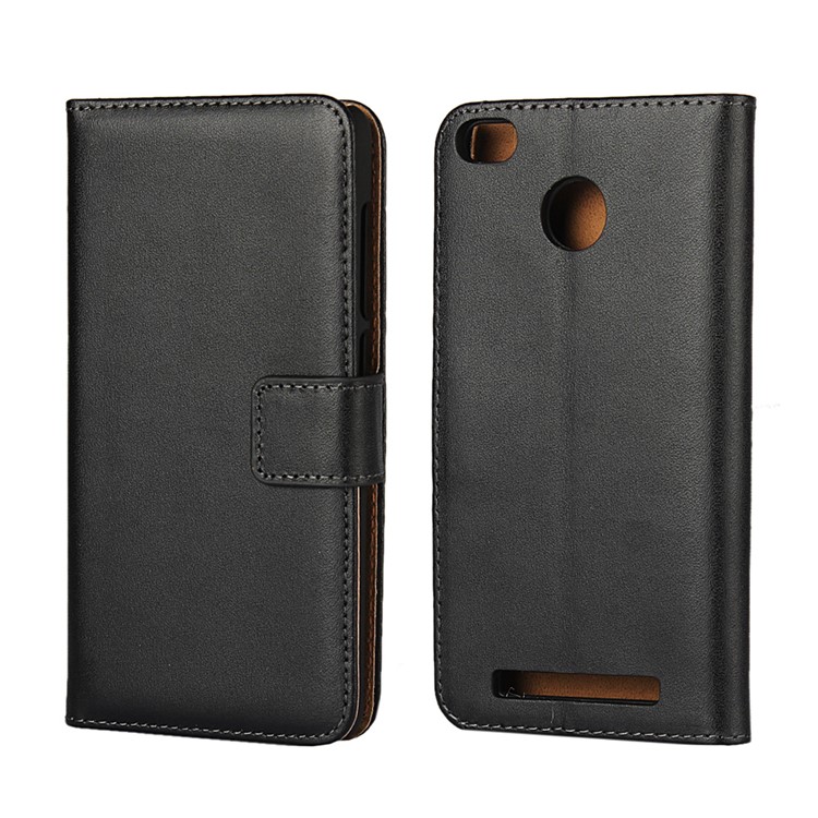 Genuine Split Leather Wallet Phone Case with Stand for Xiaomi Redmi 3s - Black-1