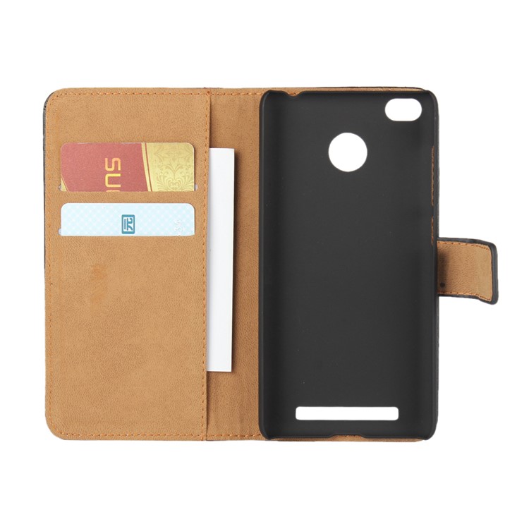 Genuine Split Leather Wallet Phone Case with Stand for Xiaomi Redmi 3s - Black-4